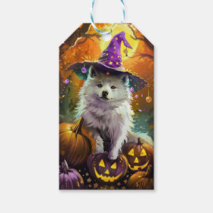 Spooky American Eskimo Halloween Witch and Pumpkin Gift Tags