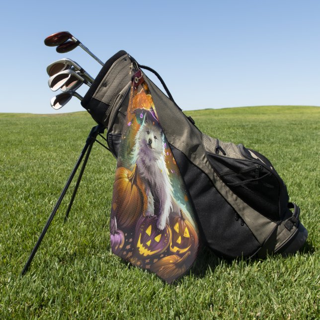 Spooky American Eskimo Halloween Witch and Pumpkin Golf Towel (Green)