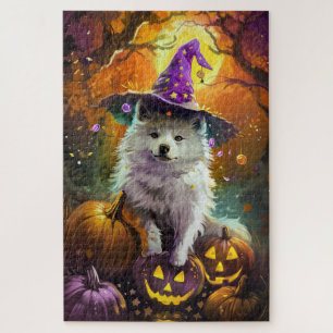 Spooky American Eskimo Halloween Witch and Pumpkin Jigsaw Puzzle