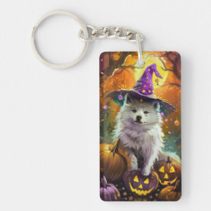 Spooky American Eskimo Halloween Witch and Pumpkin Keychain