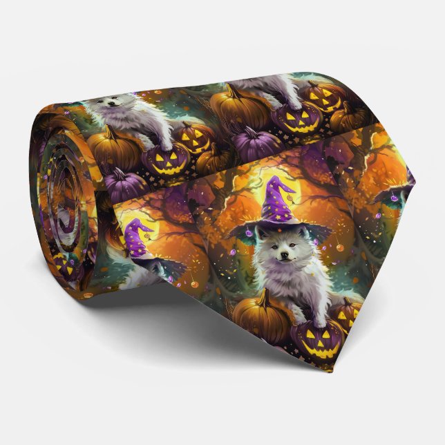 Spooky American Eskimo Halloween Witch and Pumpkin Neck Tie (Rolled)