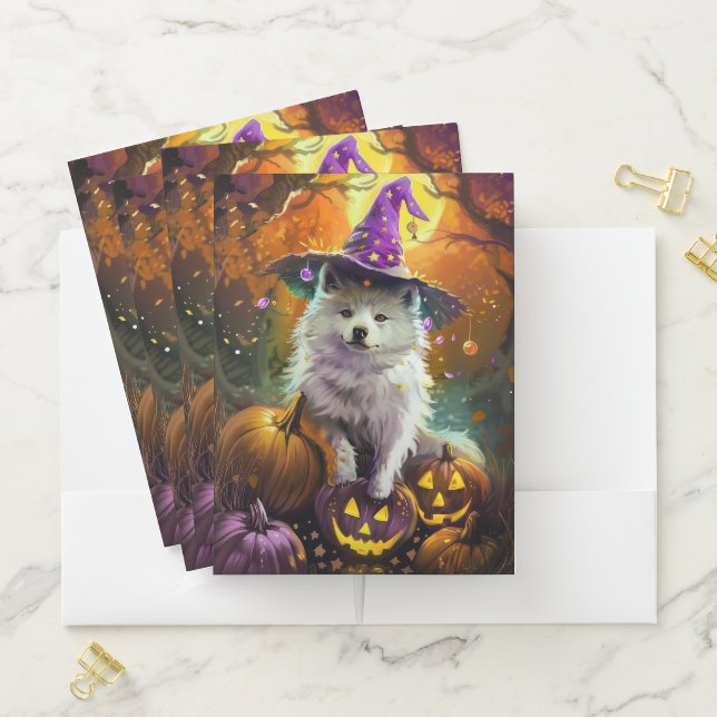 Spooky American Eskimo Halloween Witch and Pumpkin Pocket Folder (In Situ)