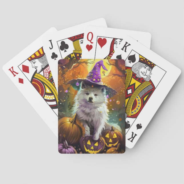Spooky American Eskimo Halloween Witch and Pumpkin Poker Cards (Back)