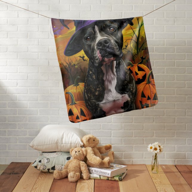Spooky American Staffordshire Halloween Pumpkin Baby Blanket (In Situ)