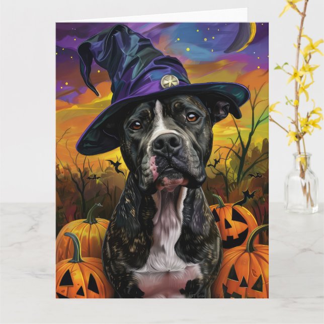 Spooky American Staffordshire Halloween Pumpkin Card (Yellow Flower)