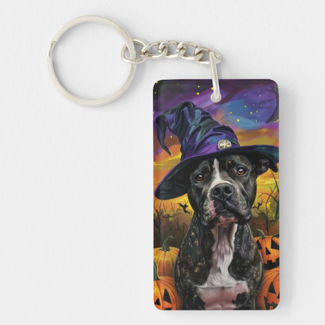 Spooky American Staffordshire Halloween Pumpkin Keychain (Front)