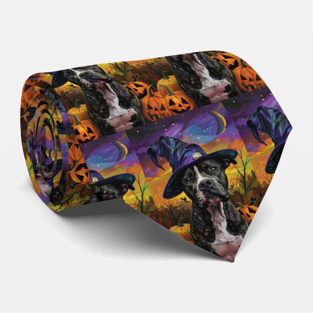 Spooky American Staffordshire Halloween Pumpkin Neck Tie (Rolled)