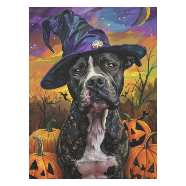 Spooky American Staffordshire Halloween Pumpkin Tablecloth (Front)