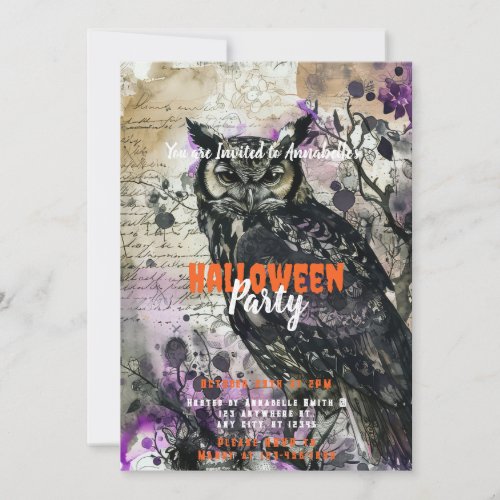 Spooky and Beautiful Owl Purple Halloween Party Invitation