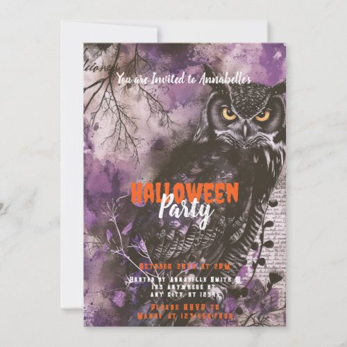 Spooky and Beautiful Owl Purple Halloween Party Invitation