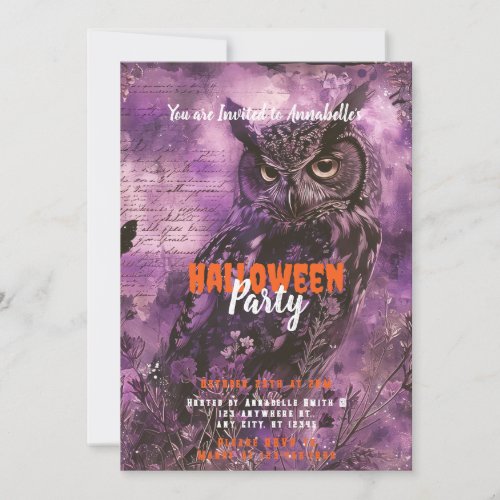 Spooky and Beautiful Owl Purple Halloween Party Invitation