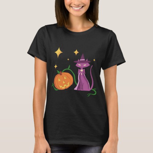Spooky and Cute Halloween Witch Cat and Pumpkin T_Shirt