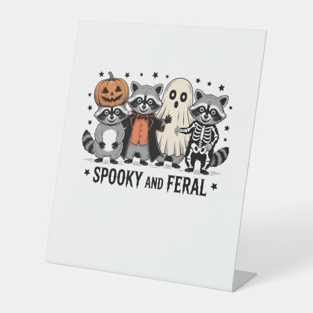 Spooky and Feral Funny Halloween Raccoon Pedestal Sign (Front)