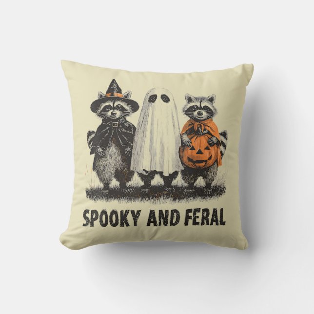 Spooky And Feral Halloween Cute Ghost Raccoon Throw Pillow (Front)