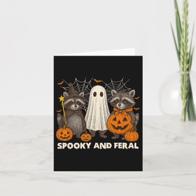 Spooky And Feral Halloween Cute Ghost Raccoon Tric Card (Front)