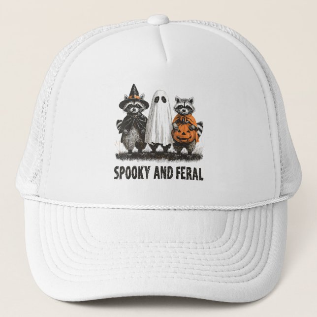 Spooky And Feral Halloween Cute Ghost Raccoon Trucker Hat (Front)