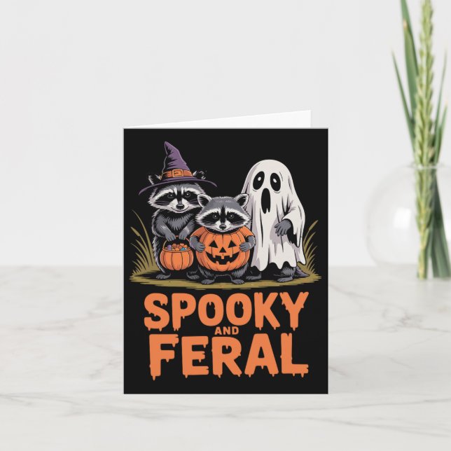 Spooky And Feral Halloween Ghost Raccoon Opossum  Card (Front)