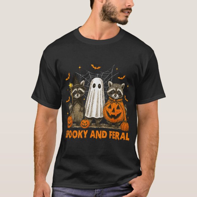 Spooky And Feral Halloween Ghost Raccoon Trick  T-Shirt (Front)