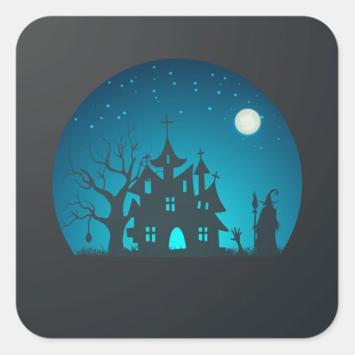 Spooky and Fun Blue and Black Haunted House Square Sticker