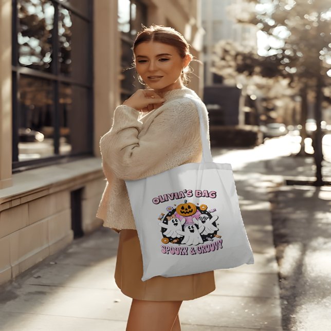 Spooky and Groovy Retro Ghosts Personalized Tote Bag (Creator Uploaded)