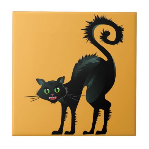 Spooky Angry Black Cat Ceramic Tile