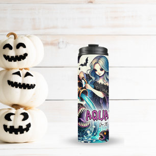 SPOOKY AQUARIUS BIRTHDAY ZODIAC HALLOWEEN THERMAL TUMBLER