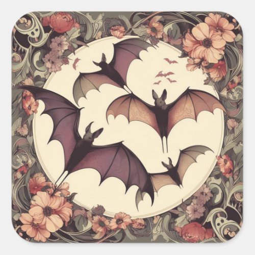 Spooky Art Nouveau Bats Illustration Pretty Horror Square Sticker