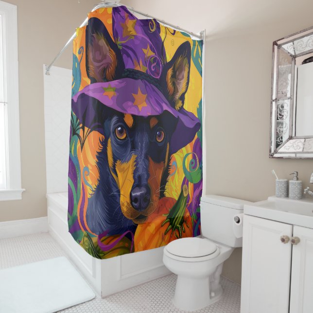 Spooky Australian Kelpie Halloween Pumpkin Shower Curtain (In Situ)