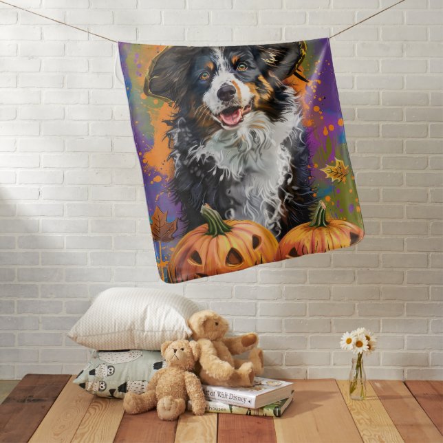 Spooky Australian Shepherd Halloween Witch Pumpkin Baby Blanket (In Situ)