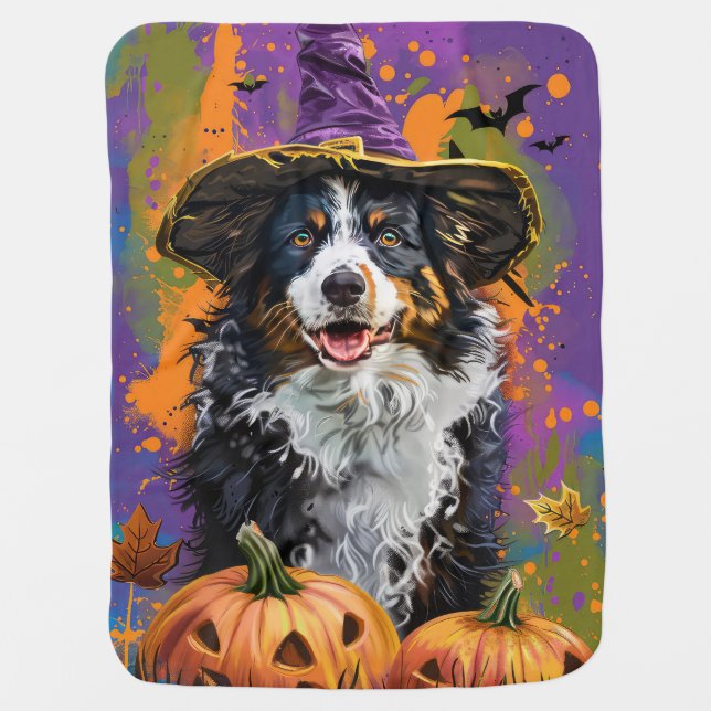 Spooky Australian Shepherd Halloween Witch Pumpkin Baby Blanket (Front)