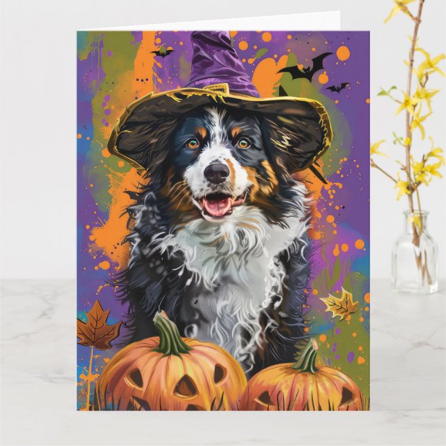 Spooky Australian Shepherd Halloween Witch Pumpkin Card (Yellow Flower)