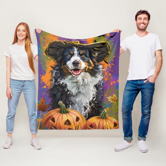 Spooky Australian Shepherd Halloween Witch Pumpkin Fleece Blanket (In Situ)