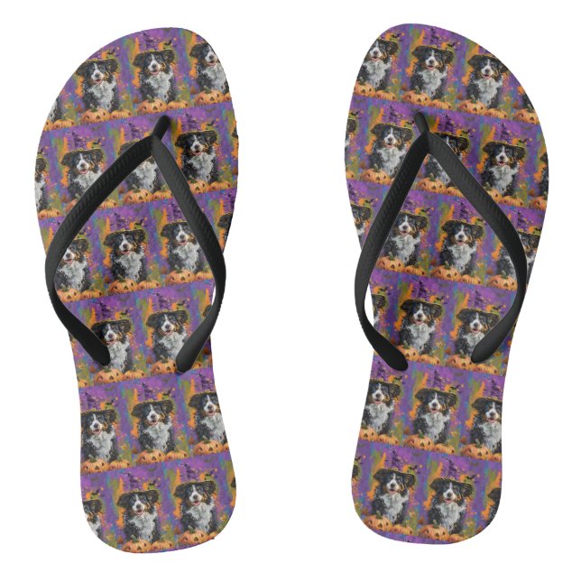 Spooky Australian Shepherd Halloween Witch Pumpkin Flip Flops (Footbed)