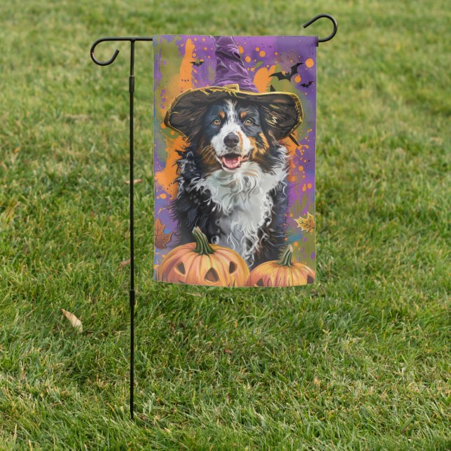 Spooky Australian Shepherd Halloween Witch Pumpkin Garden Flag (In SItu)