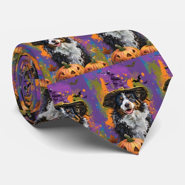 Spooky Australian Shepherd Halloween Witch Pumpkin Neck Tie (Rolled)