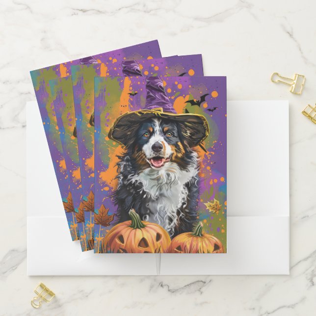 Spooky Australian Shepherd Halloween Witch Pumpkin Pocket Folder (In Situ)