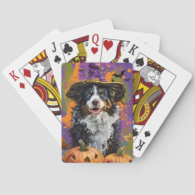Spooky Australian Shepherd Halloween Witch Pumpkin Poker Cards (Back)