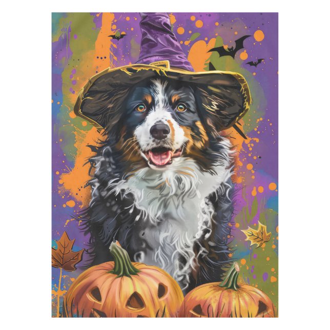 Spooky Australian Shepherd Halloween Witch Pumpkin Tablecloth (Front)