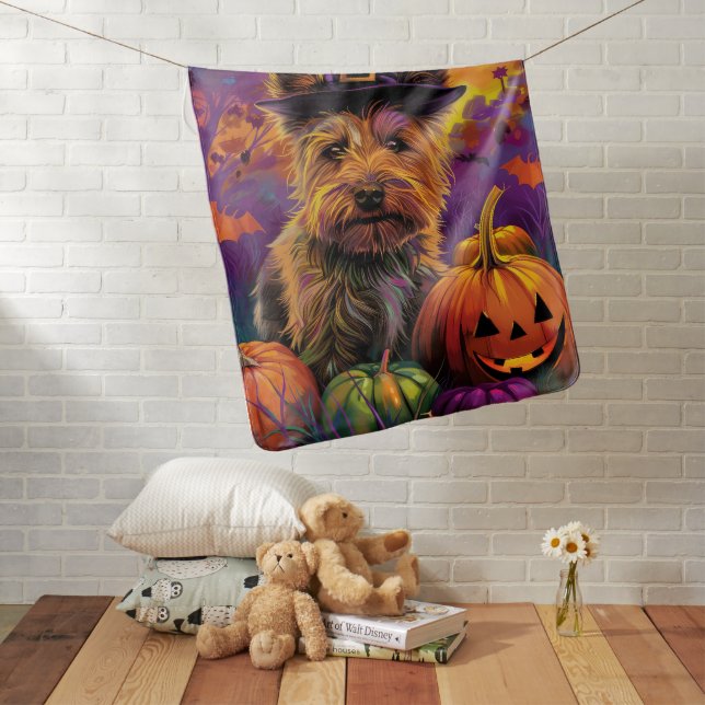 Spooky Australian Terrier Halloween Witch Pumpkin Baby Blanket (In Situ)