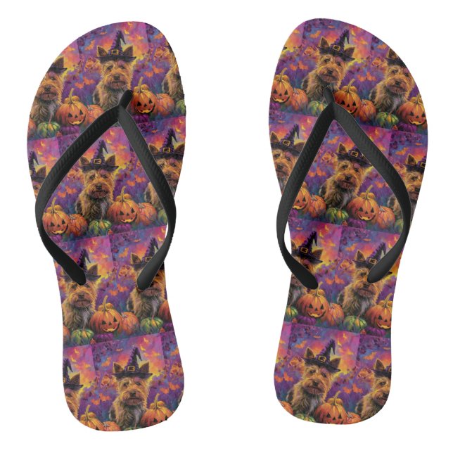 Spooky Australian Terrier Halloween Witch Pumpkin Flip Flops (Footbed)