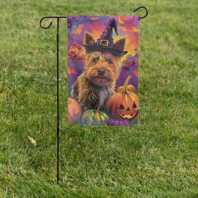 Spooky Australian Terrier Halloween Witch Pumpkin Garden Flag (In SItu)