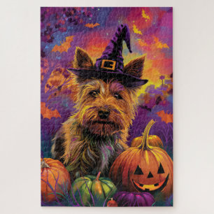 Spooky Australian Terrier Halloween Witch Pumpkin Jigsaw Puzzle