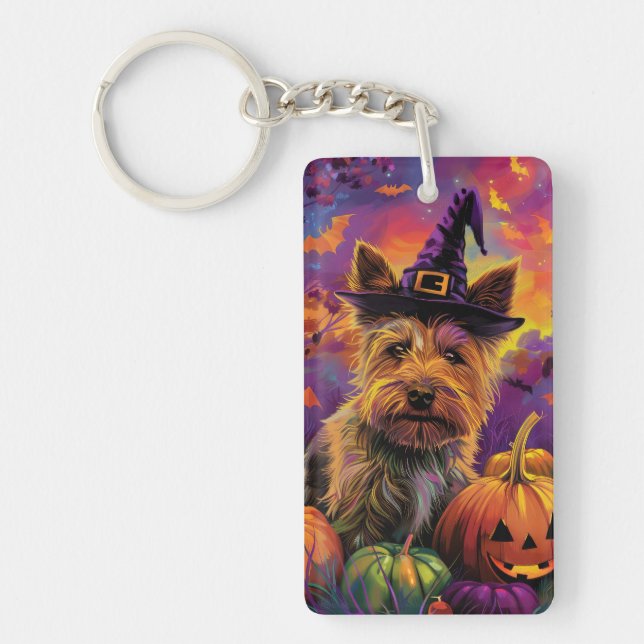 Spooky Australian Terrier Halloween Witch Pumpkin Keychain (Front)