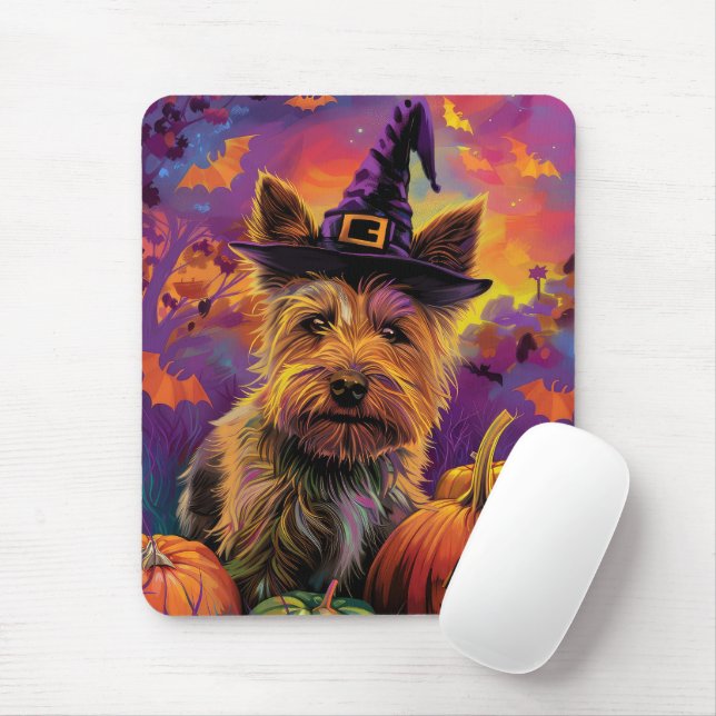Spooky Australian Terrier Halloween Witch Pumpkin Mouse Pad (With Mouse)