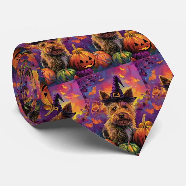 Spooky Australian Terrier Halloween Witch Pumpkin Neck Tie (Rolled)