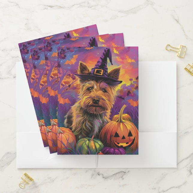 Spooky Australian Terrier Halloween Witch Pumpkin Pocket Folder (In Situ)