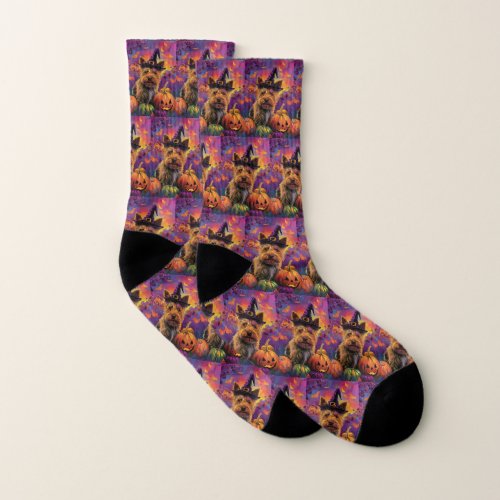 Spooky Australian Terrier Halloween Witch Pumpkin Socks