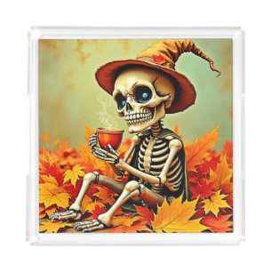 Spooky Autumn Skeleton's Coffee Break Design Acrylic Tray
