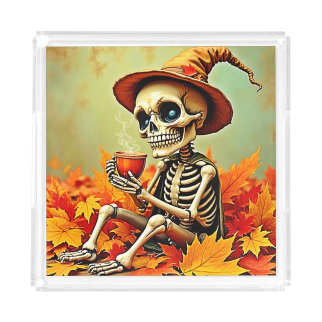 Spooky Autumn Skeleton's Coffee Break Design Acrylic Tray (Front)