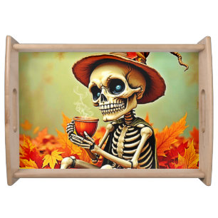 Spooky Autumn Skeleton's Coffee Break Design Serving Tray